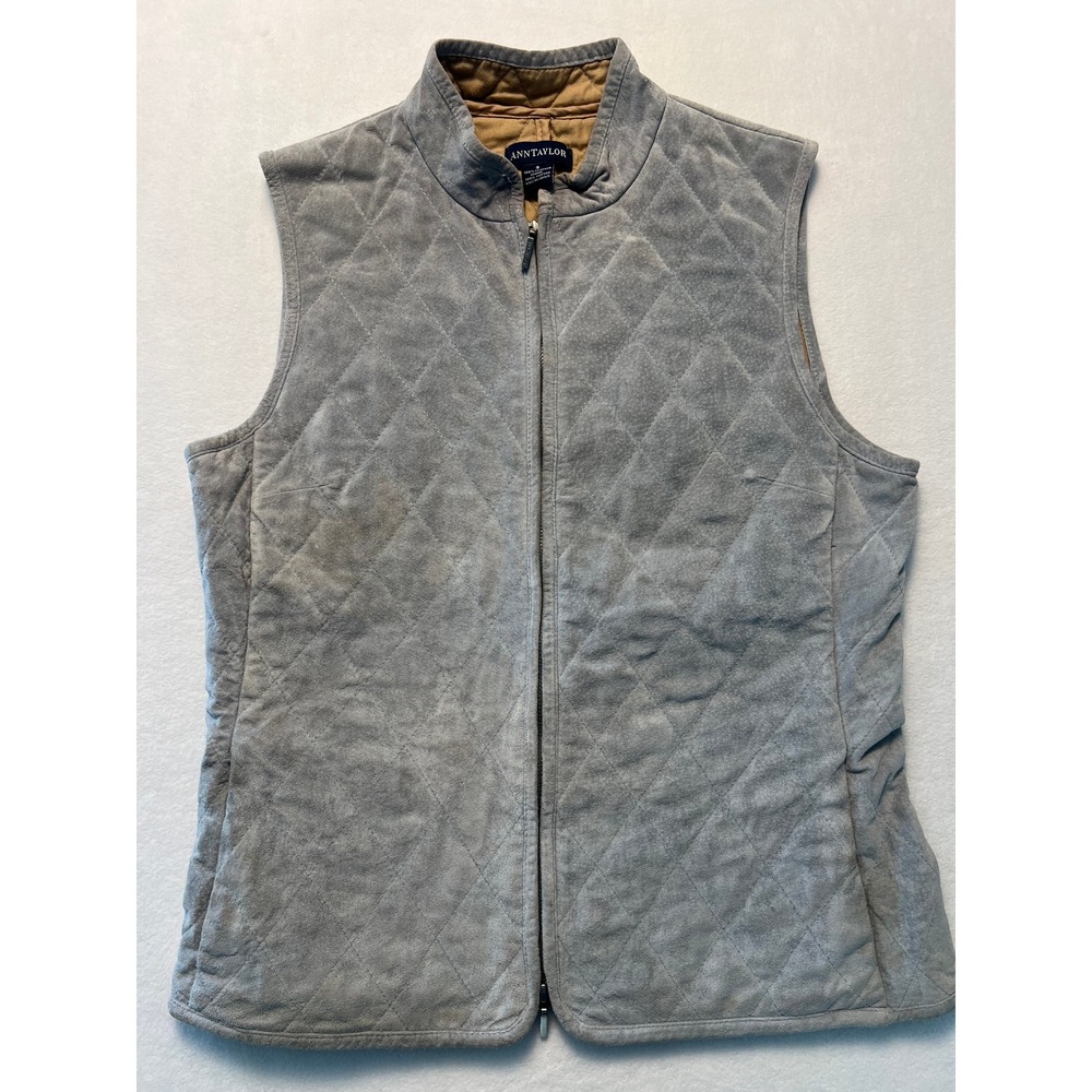 VTG Ann Taylor S Leather Vest Chic Gray Quilted Suede Zip Mock Neck Equestrian